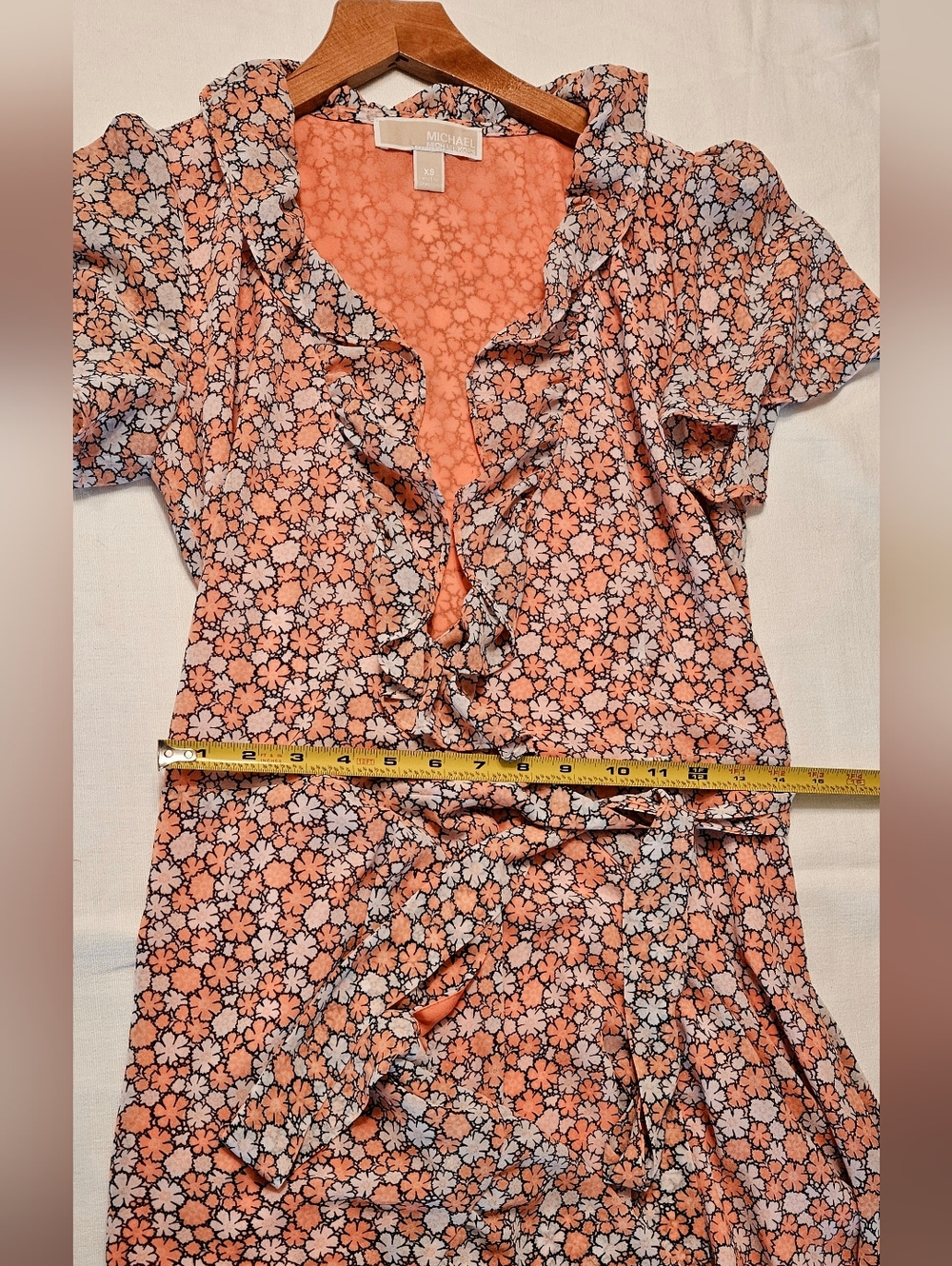 Michael KORS Ruffled Coral Pink Floral Wrap Midi Dress XS - Picture 3 of 5